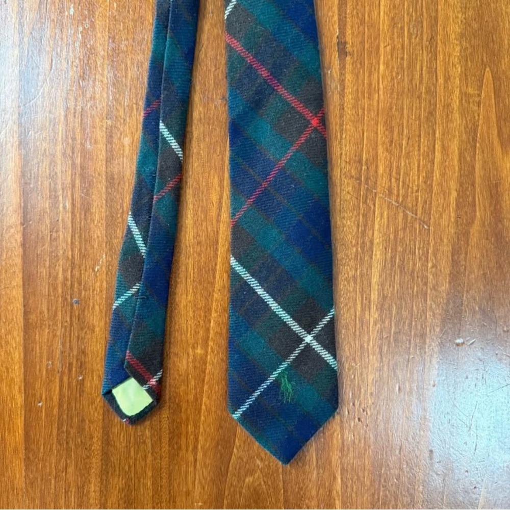 Polo by Ralph Lauren Green Navy Plaid Wool Tie with Red and White Accents